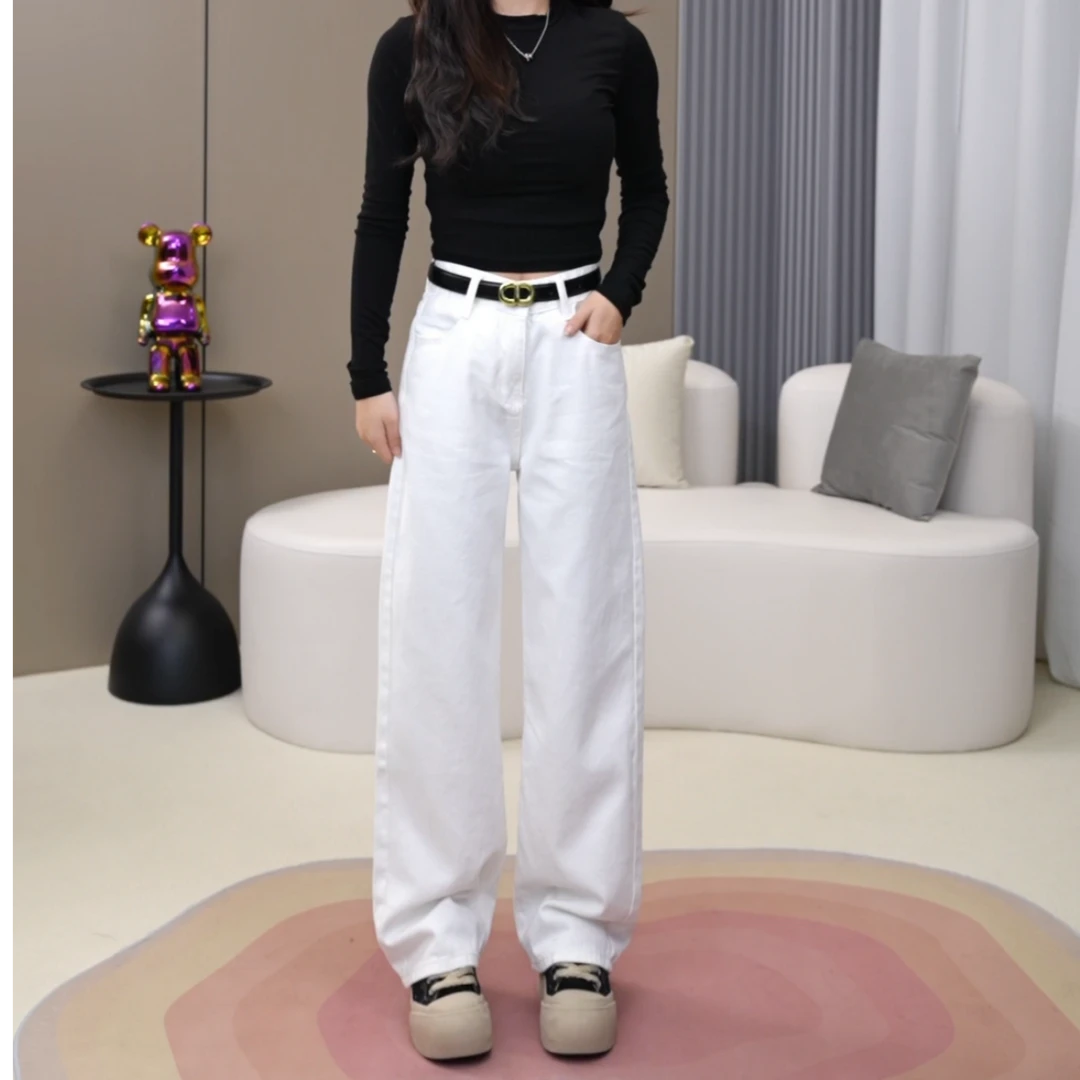 【小美专属】白色高腰直筒牛仔裤女春秋新款宽松显瘦百搭阔腿拖地裤