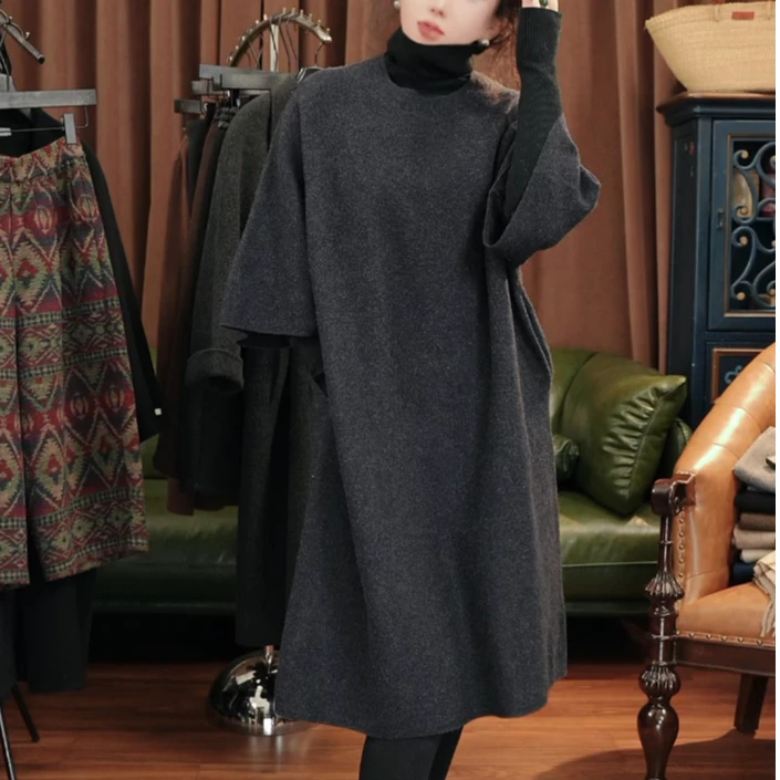 秋冬季新款纯羊毛七分袖宽松连衣裙女韩版中长款羊毛针织毛衣