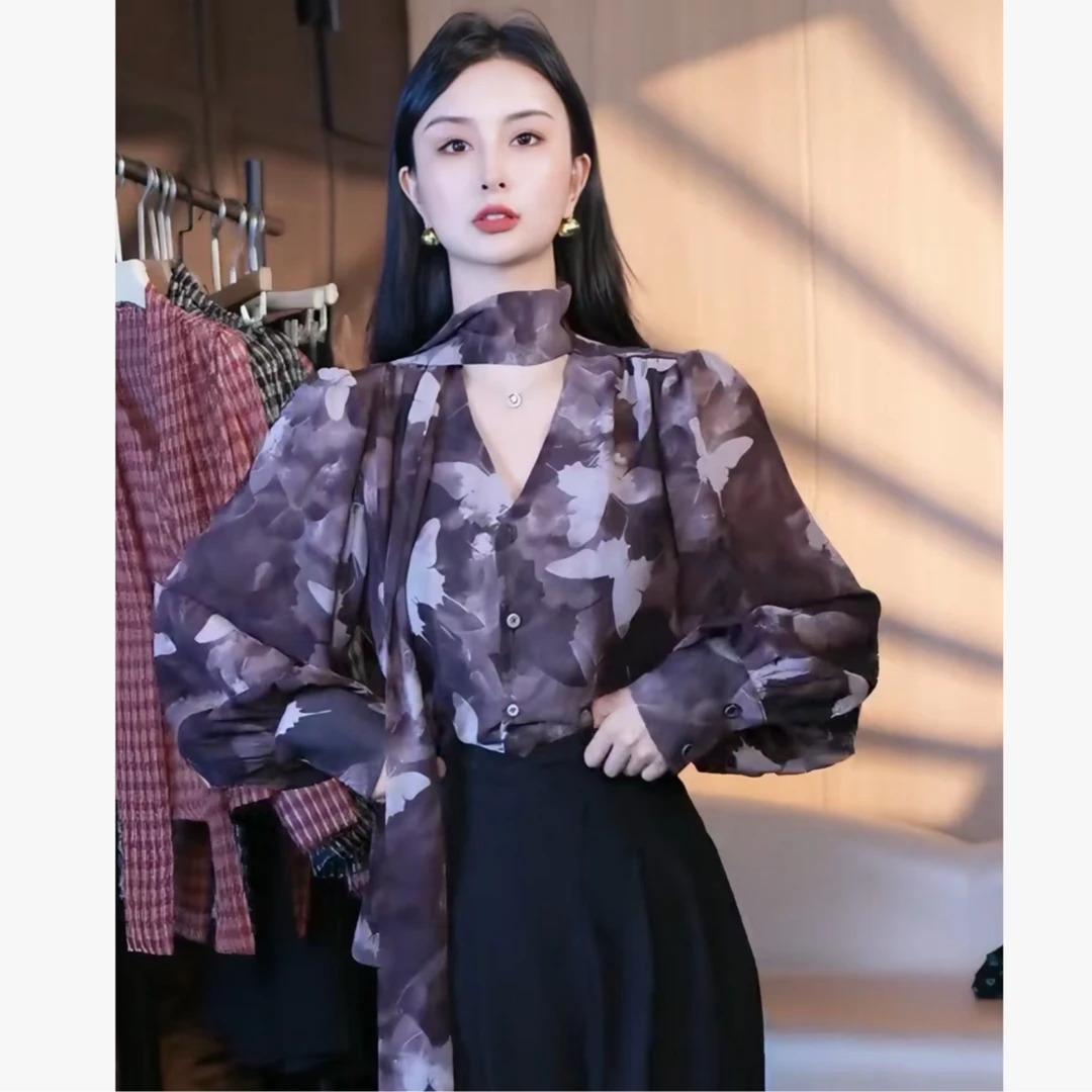 刘欣服饰2025新款秋装飘带V领显瘦气质网红长袖洋气上衣2914