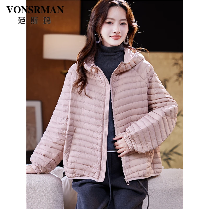 粉色连帽轻薄羽绒服女冬季2025新款时尚休闲宽松保暖白鸭绒外套潮