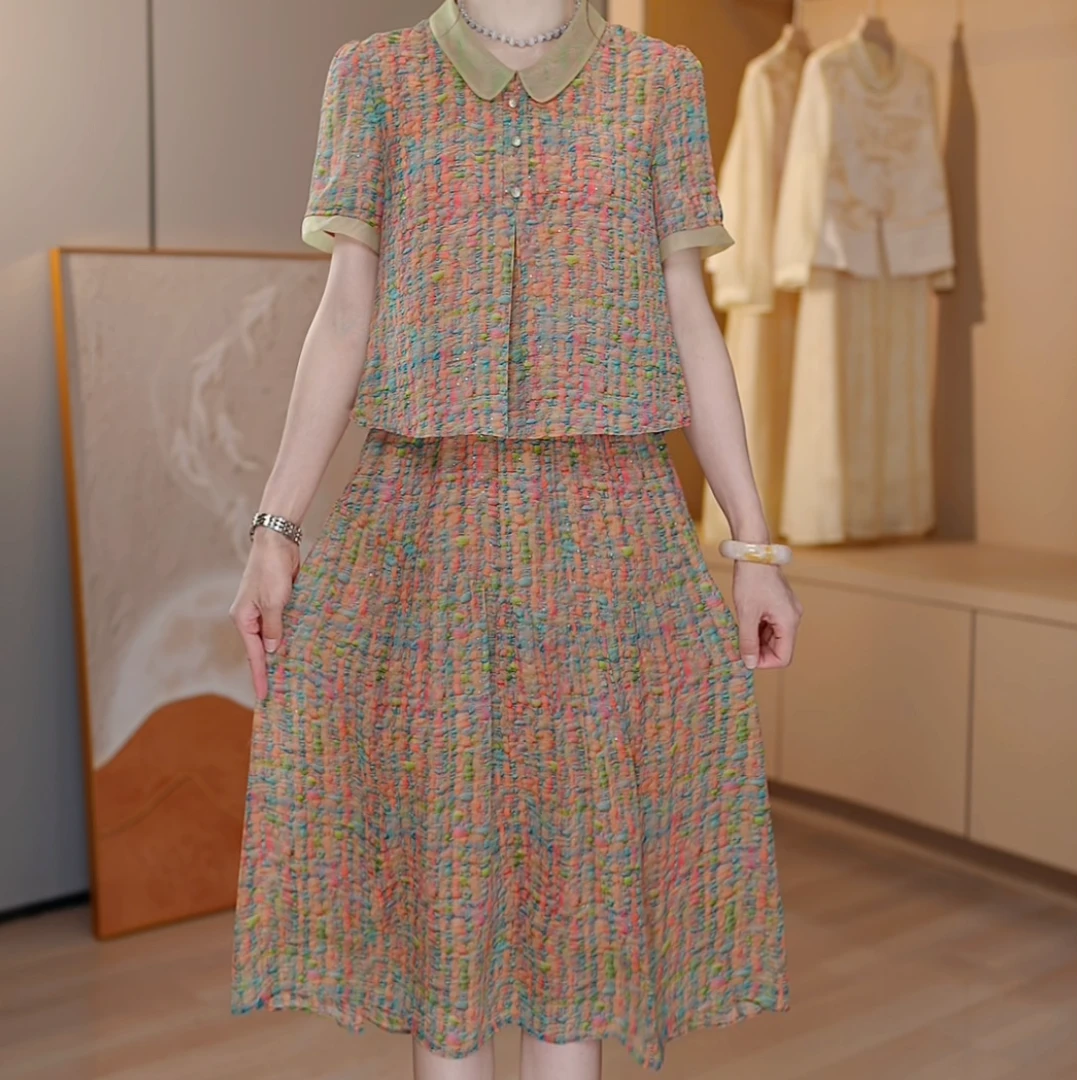 A272#高档轻薄透气娃娃领2025夏季假两件连衣裙短袖遮肚子中长裙