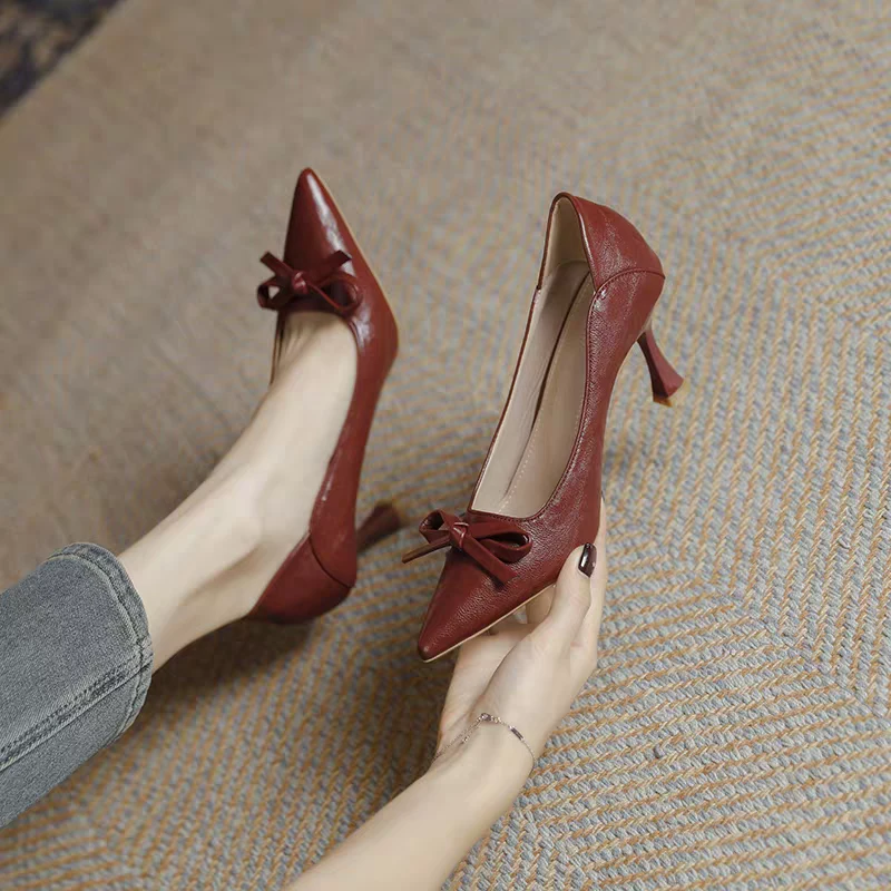 羊皮软皮安卡拉红蝴蝶结高跟鞋女新款尖头细跟不磨脚工作鞋单鞋女
