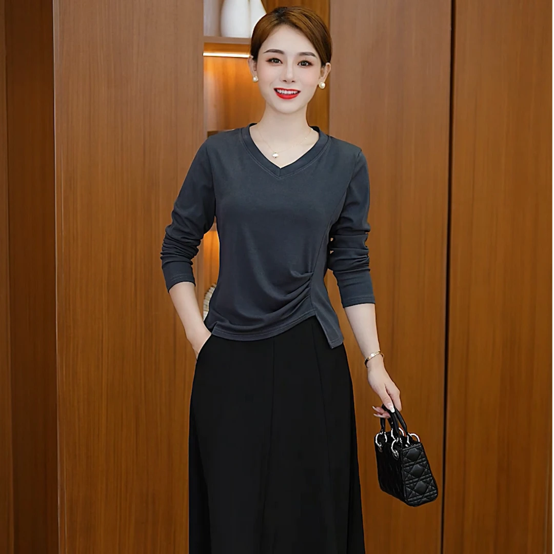 2025春装打底时尚百搭长袖气质高级不规则遮肚显瘦上衣长袖18#