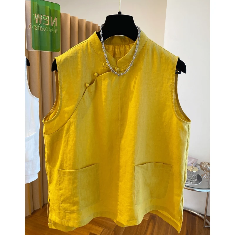 新中式国风盘扣无袖上衣女装夏2025新款宽松立领高端亚麻背心衬衫