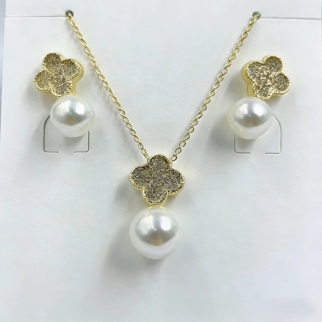 合金仿珍珠吊坠 四叶草珍珠项链锁骨链耳钉套装2026新款