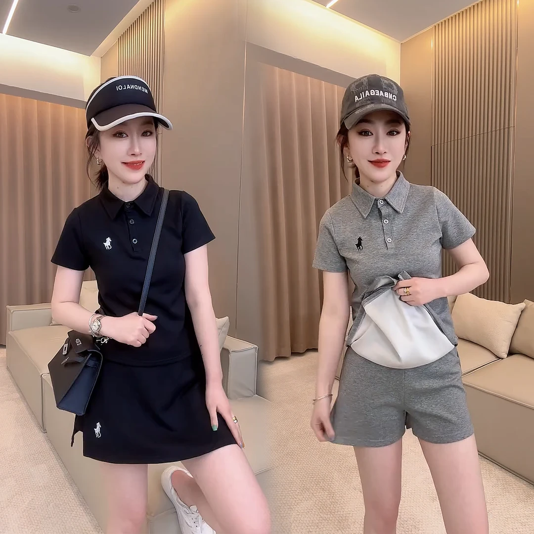 80653新款 时尚百搭套装女POLO领小马刺绣短袖上衣+休闲半身裤裙