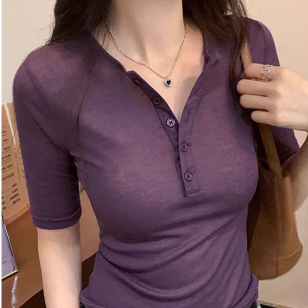 紫色短袖t恤女夏季2025新款设计感小众显瘦复古Polo领打底衫上衣