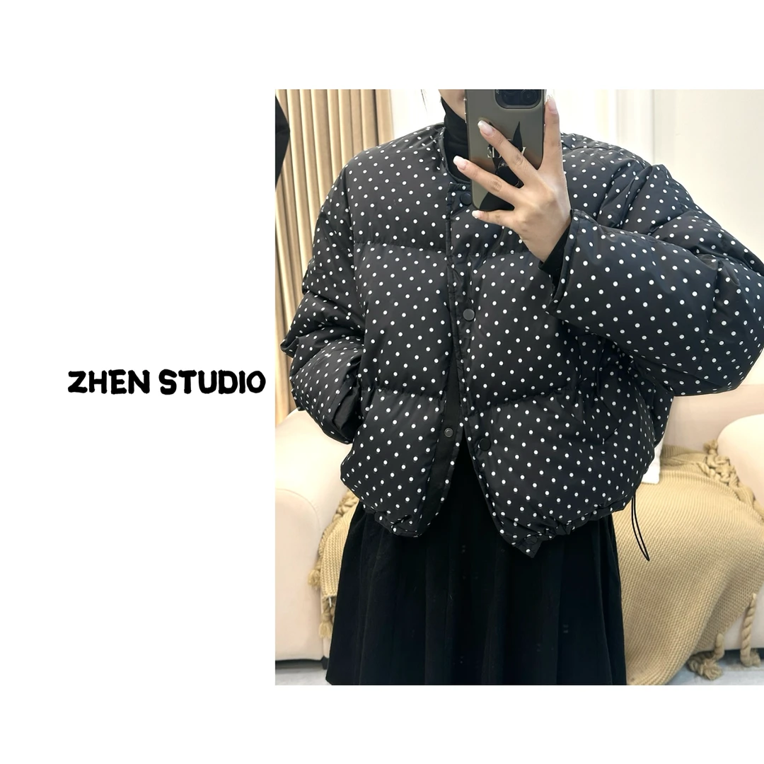 2024冬款肯豆风时尚设计感大版宽松下抽绳圆领波点-百搭棉服外套