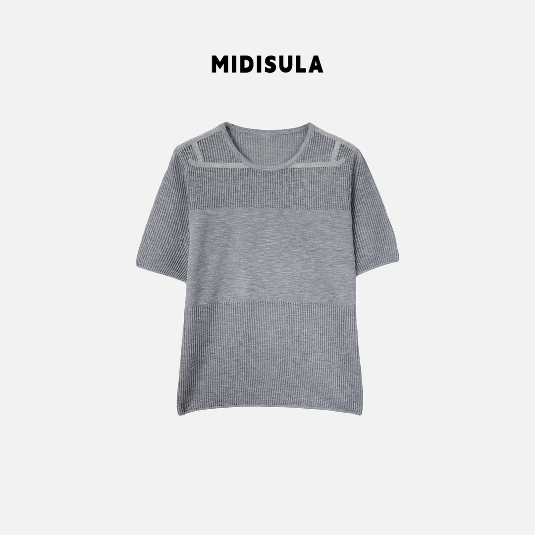 阿玉家&新款韩系穿搭圆领短袖针织衫镂空纹中拼接#0512