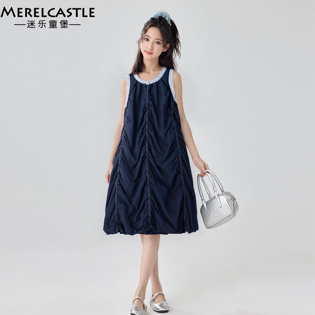 C5666女大童褶皱无袖连衣裙