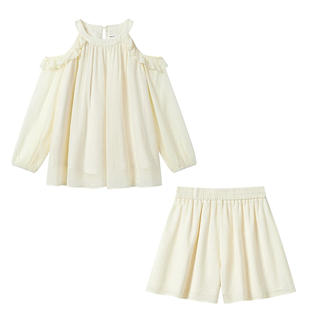 羊城故事-杏色露肩挂脖衬衫休闲短裤套装女木耳边两件套Y50650924