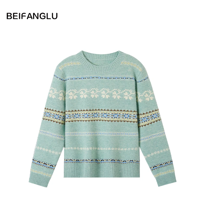 北方鹿【复古费尔岛】秋冬100%绵羊毛显白花纱女士针织衫251549