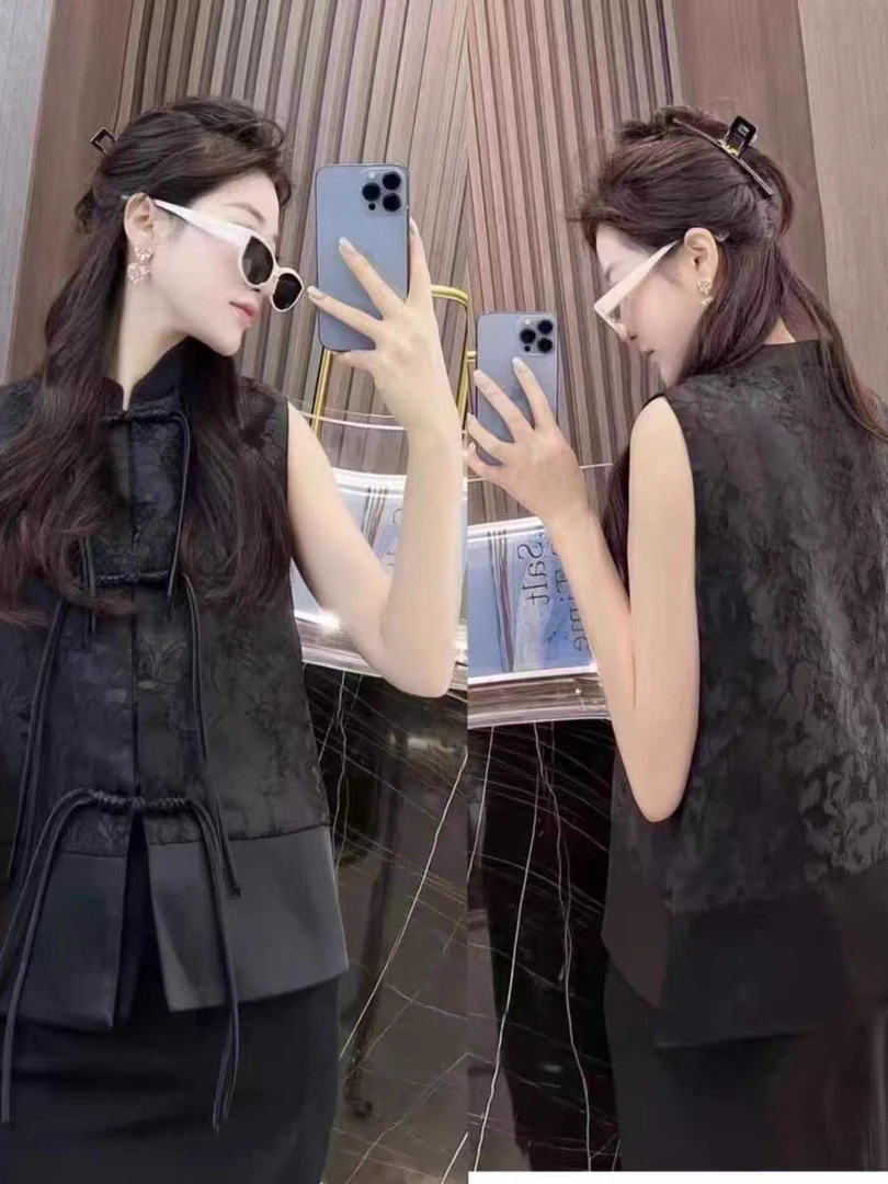 新中式国风黑色提花马甲外套女春秋欧货流苏盘扣夏装坎肩马夹上衣