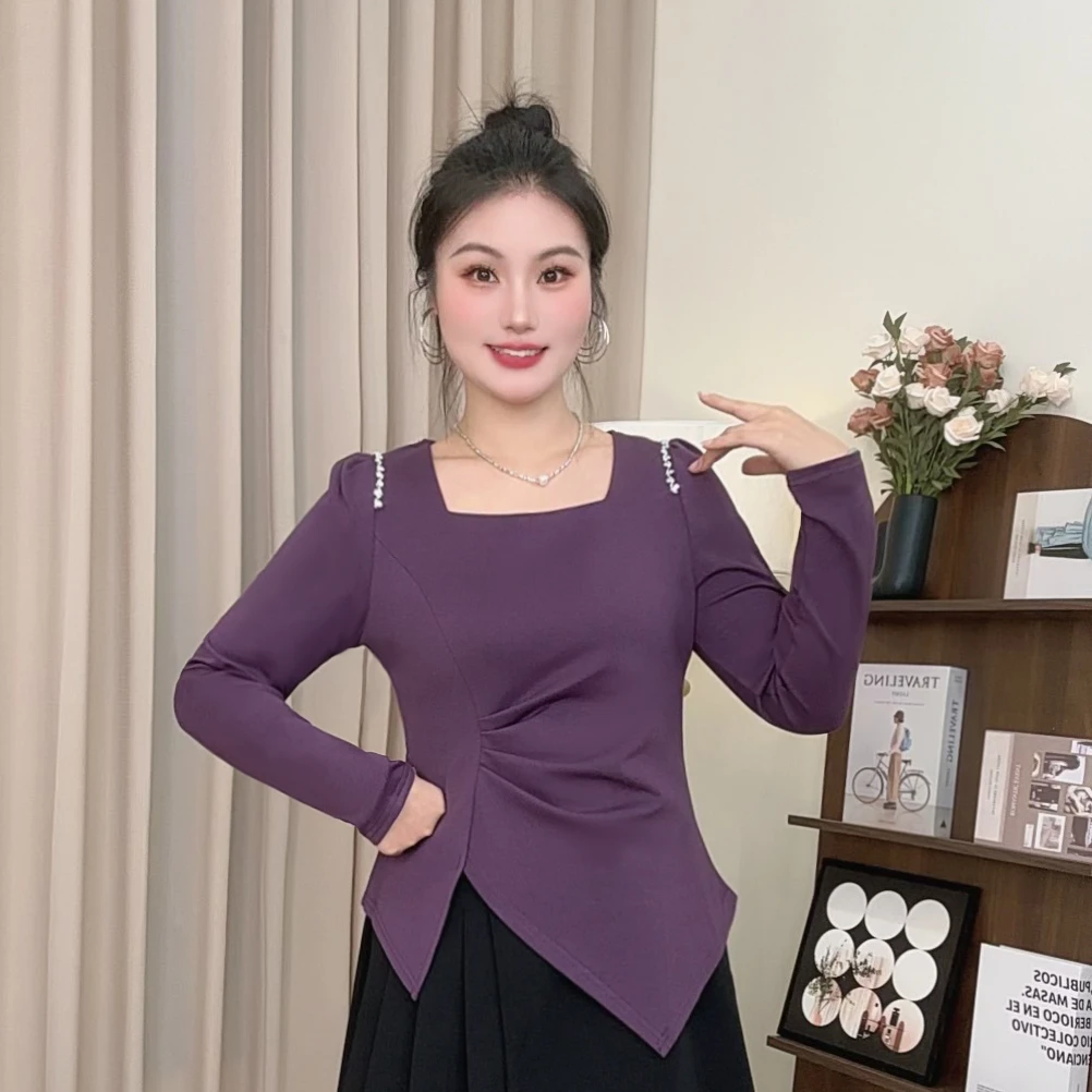 2025秋装新款胖mm大码女设计感方领镶钻不规则长袖上衣
