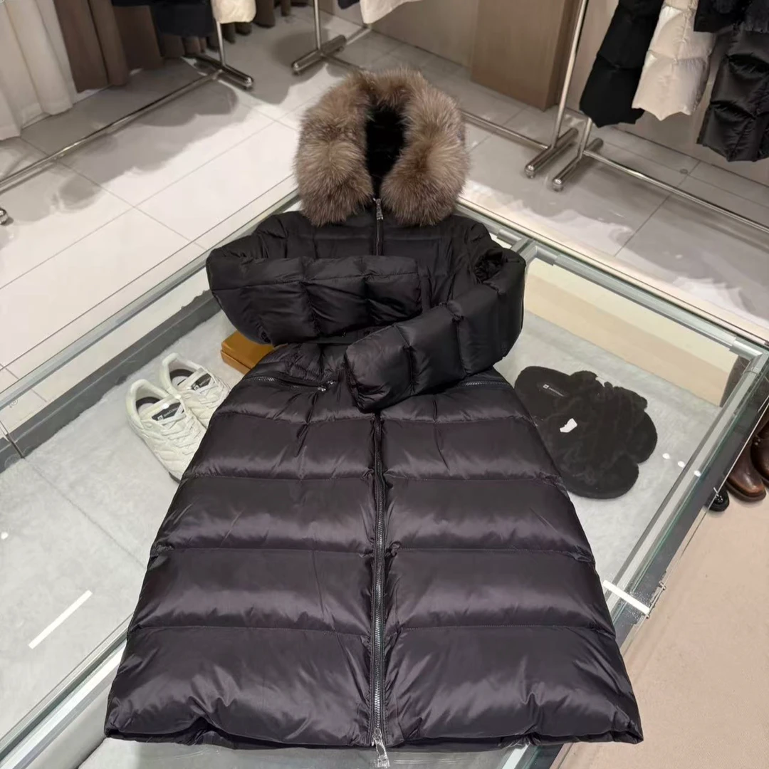 25新款 冬季咖色毛领拉链百搭时尚女款连帽长款羽绒服