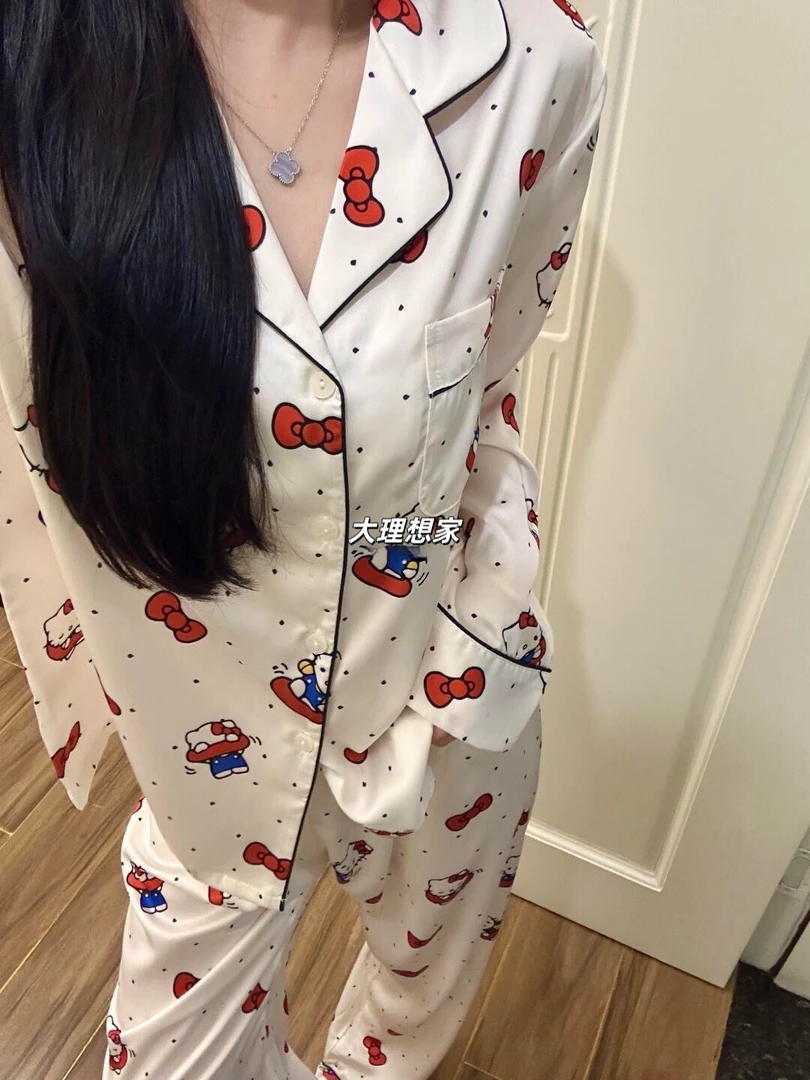韩版可爱波点冰丝hellokitty睡衣女2025春夏季长袖长裤大码可外穿