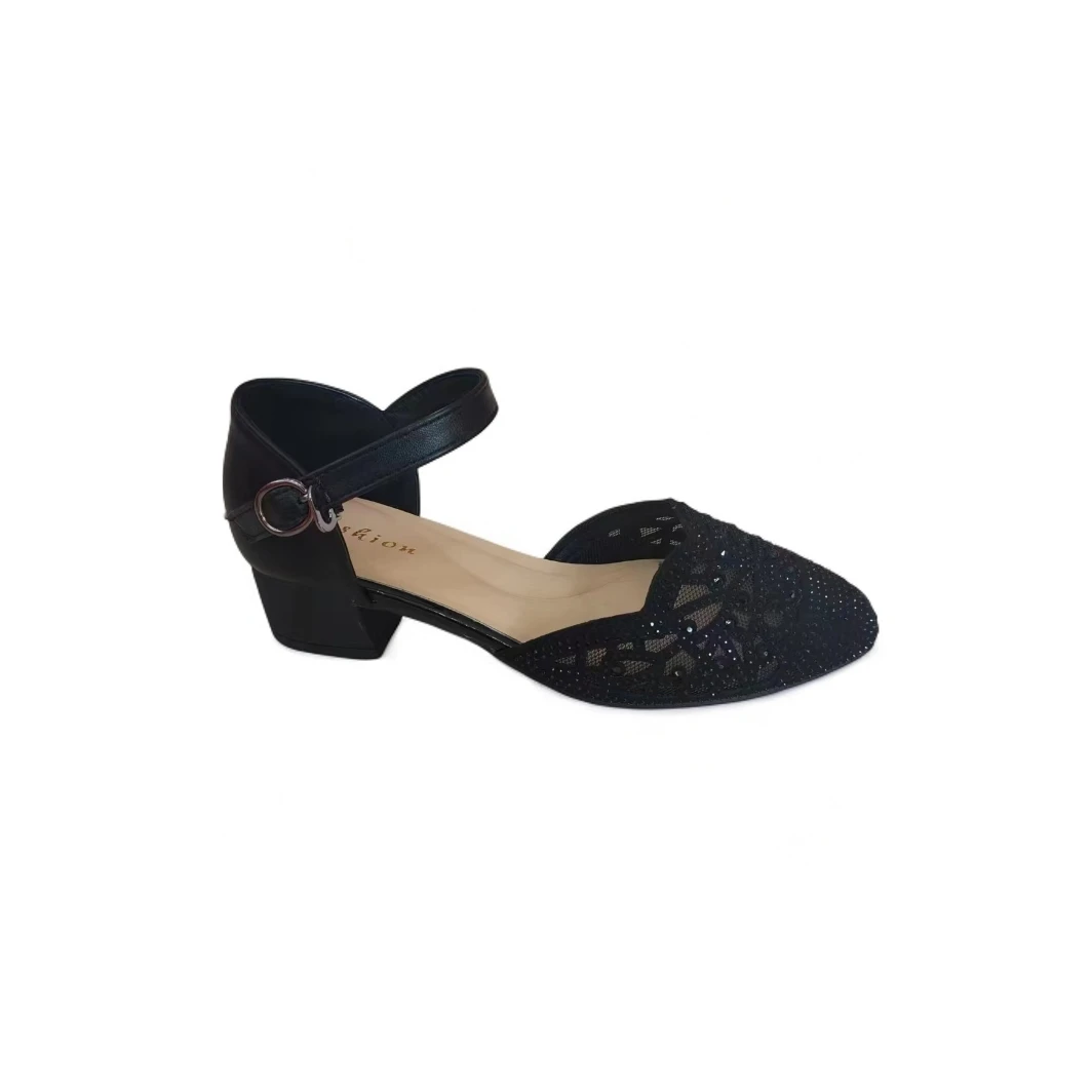 女士夏季薄款镂空圆头法式耐磨黑色高跟鞋时尚气质包头粗跟百搭