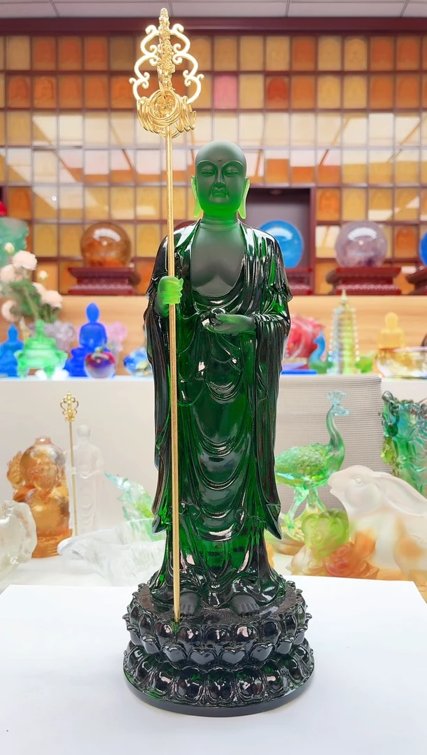 手工艺品琉璃碧绿色地藏菩萨29公分九华山版