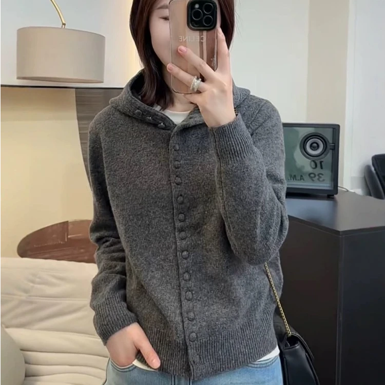 【芊荨精选】2025春季韩版宽松显瘦百搭连帽单排扣针织开衫S706#
