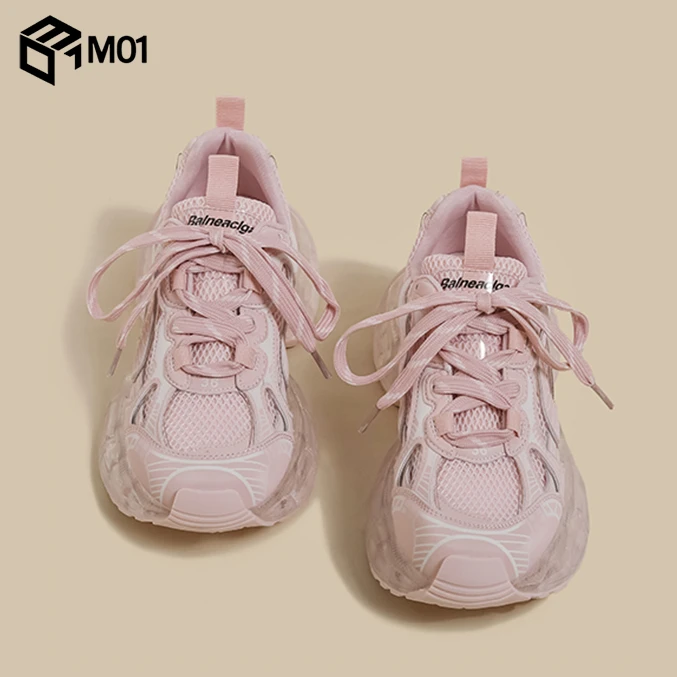 M01粉色老爹鞋女2025春季百搭炸街水晶透明增高厚底超火运动鞋潮