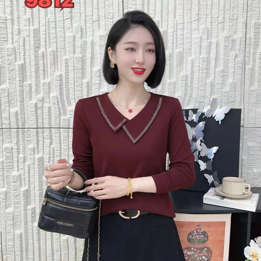 【韩紫朵 】2025早秋款不规则领烫钻拼接长袖上衣89812