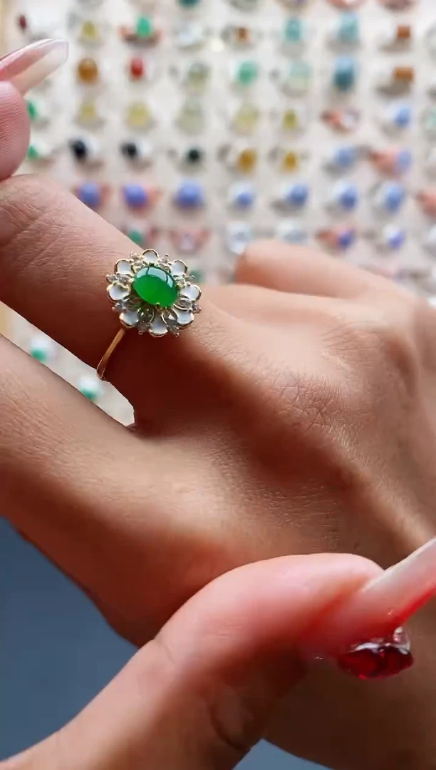 【闪购商品】翡翠戒指银S925镶嵌缅甸天然A货翡翠111 5+10