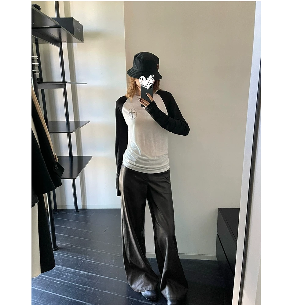 撞色圆领长袖T恤女印花打底衫上衣#Y8600