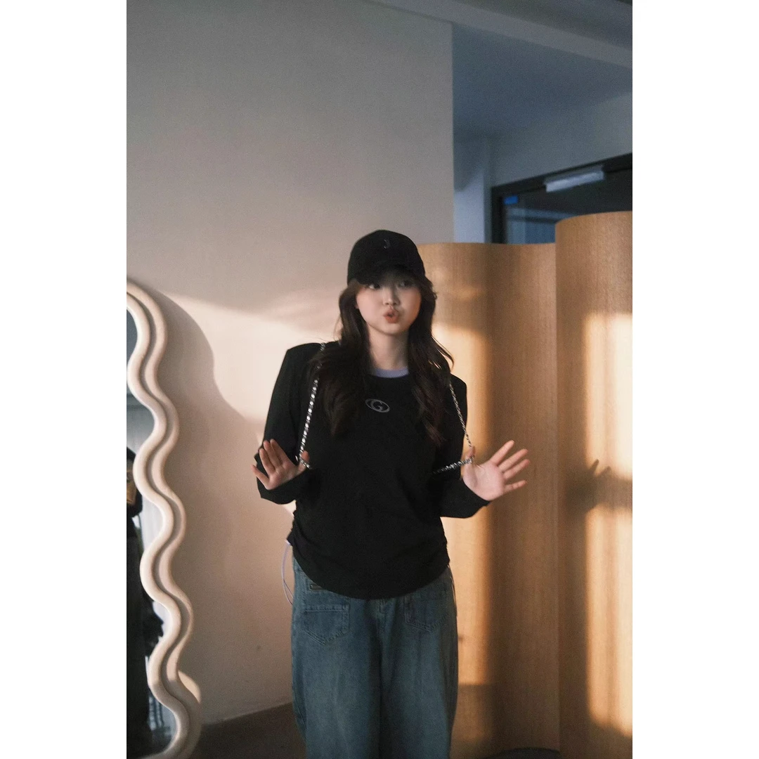 【夏日冰果】腰部两侧可调节抽绳撞色圆领长袖女打底纯色上衣