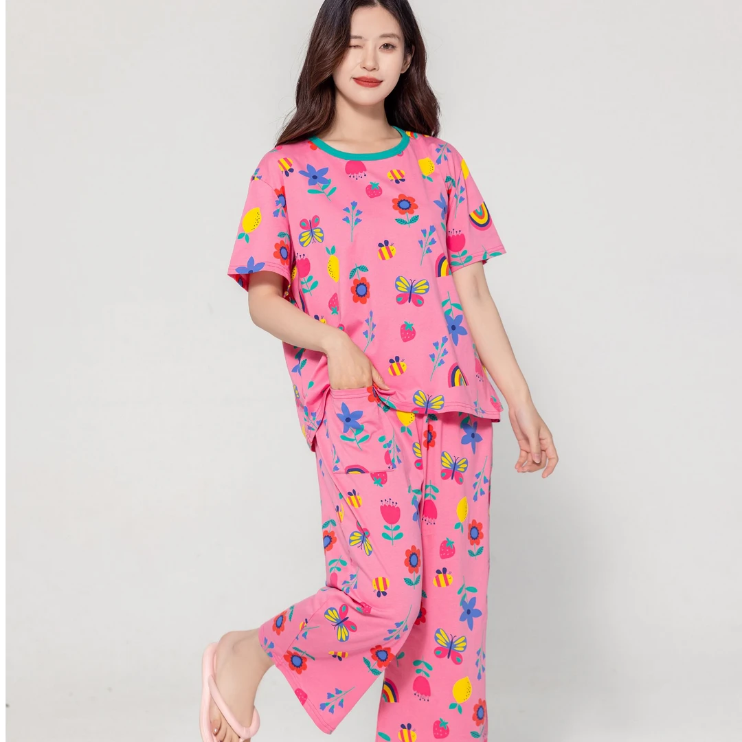 纯棉女士睡衣全棉睡衣春夏宽松大码夏天纯棉套装印花可外穿家居服
