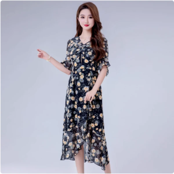 【HQ865】2023夏季新款时尚碎花短袖V领长裙抽褶雪纺开叉连衣裙