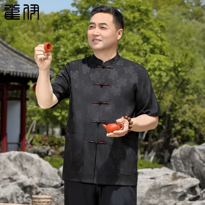 中老年唐装男款夏季中国风短袖爸爸夏装套装衬衫老人爷爷宽松衣服
