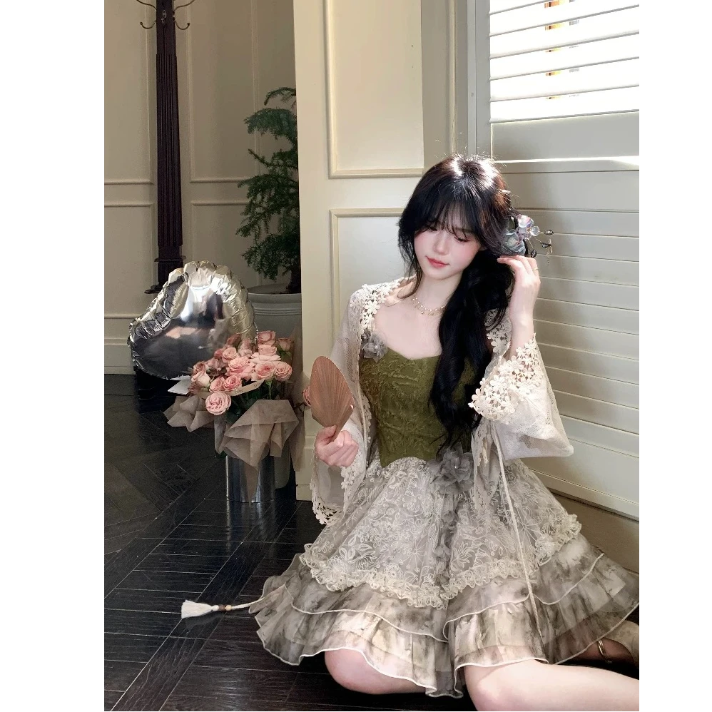 偏写春络 新中式立体绣花撞色设计感水墨晕染吊带套装