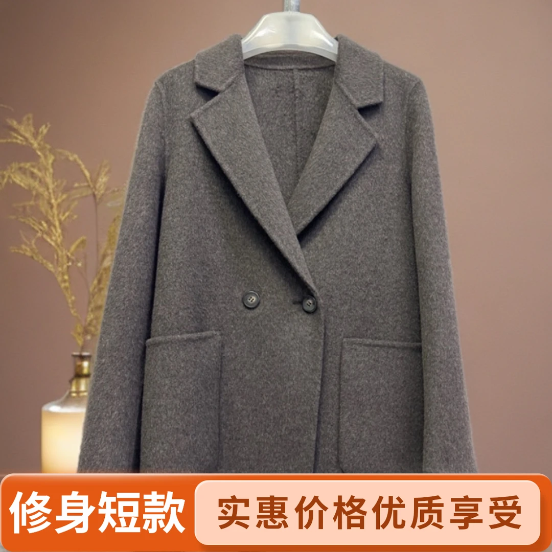 女士短款修身两扣西装领双面山羊绒大衣春秋季百搭外套韩版秋冬