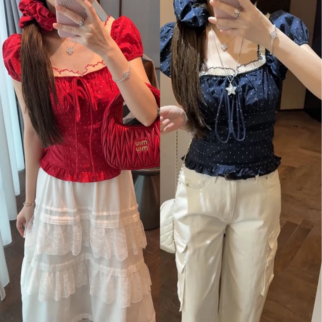 喵喵 韩系木耳边方领气质波点短袖上衣显瘦夏一字肩花边衬衫21020