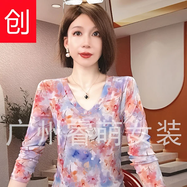 秋季新品V领网纱上衣长袖高档套头T恤女士时尚印花打底衫气质上衣