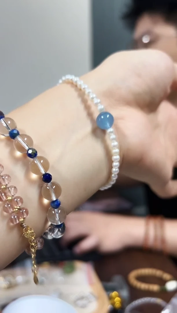 淡水珍珠手串银S925镶嵌珍珠海蓝单圈