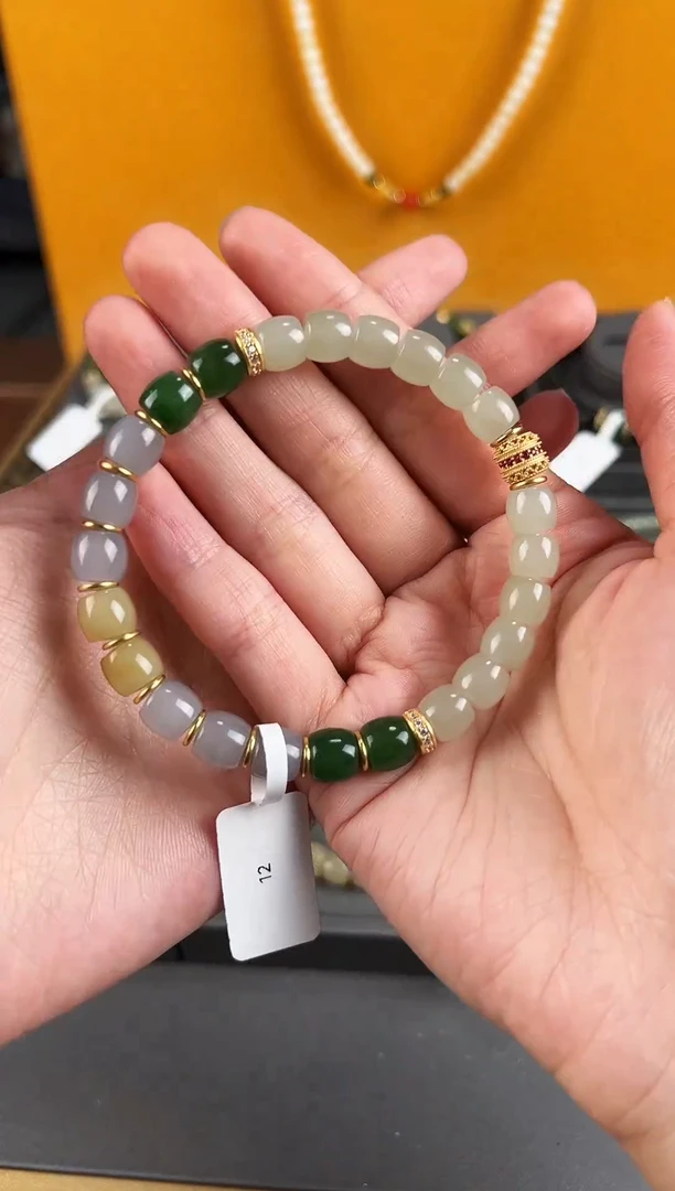 银S925镀金镶嵌手串和田玉12彩虹多宝卡8mm