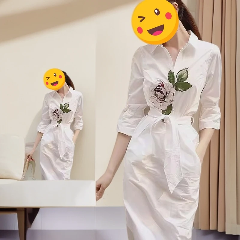 白色长袖连衣裙显瘦收腰设计感气质旗袍裙法式复古夏季款