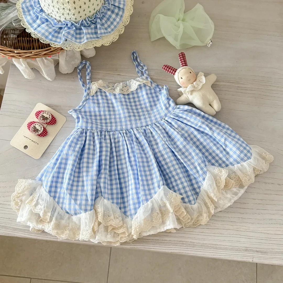 【茶歇风】女童连衣裙25夏季新款儿童格子吊带裙蕾丝花边裙