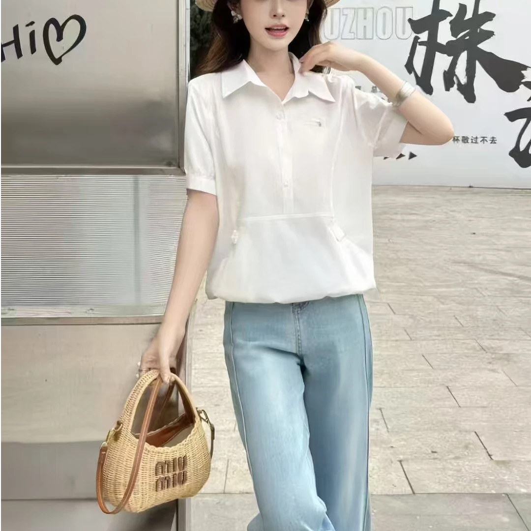 0535#下摆抽绳短袖衬衫女洋气宽松时尚百搭遮肚休闲显瘦夏季