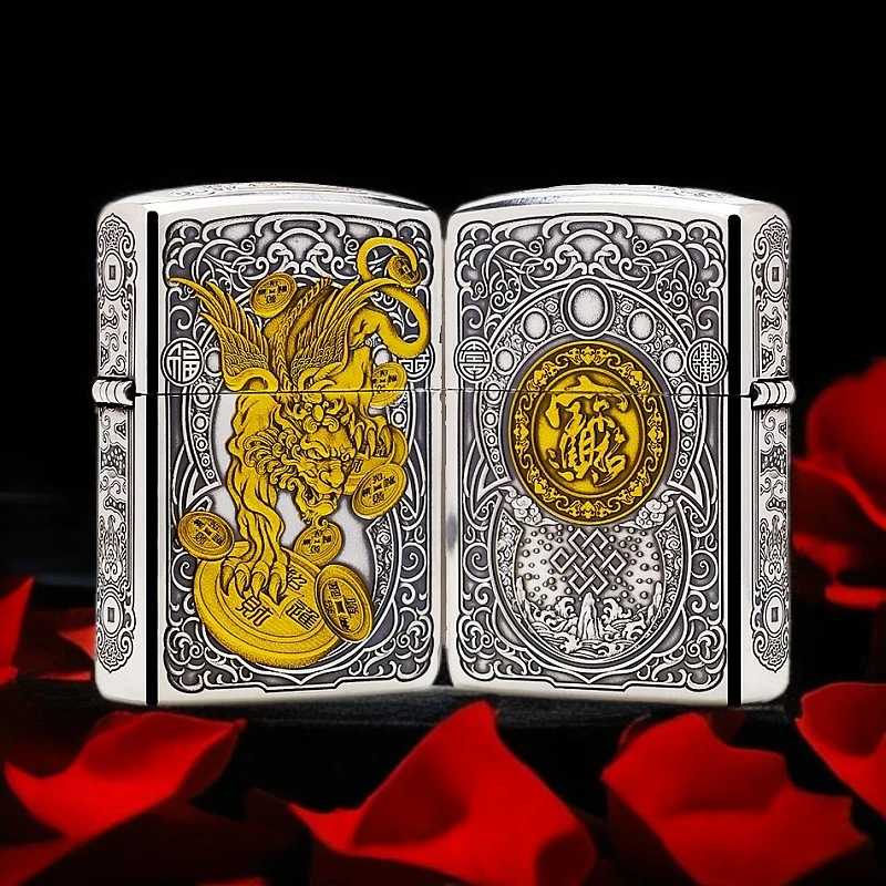 【蚊版】-镀银镀金3D浮雕九钱貔貅盔甲机原装正品煤油打火机