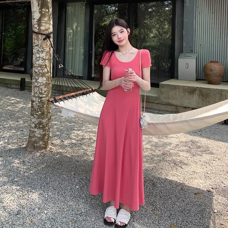 夏季气质纯色修身显瘦短袖连衣裙女度假长裙春夏季垂感中长款裙子