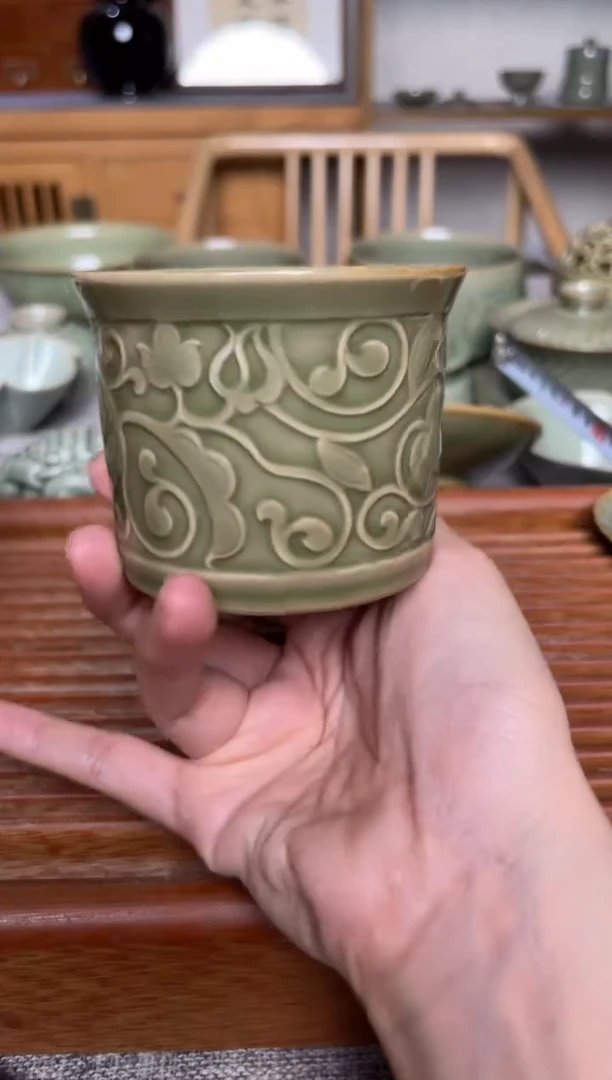 瓷器耀州窑唐草纹大缸杯 微瑕