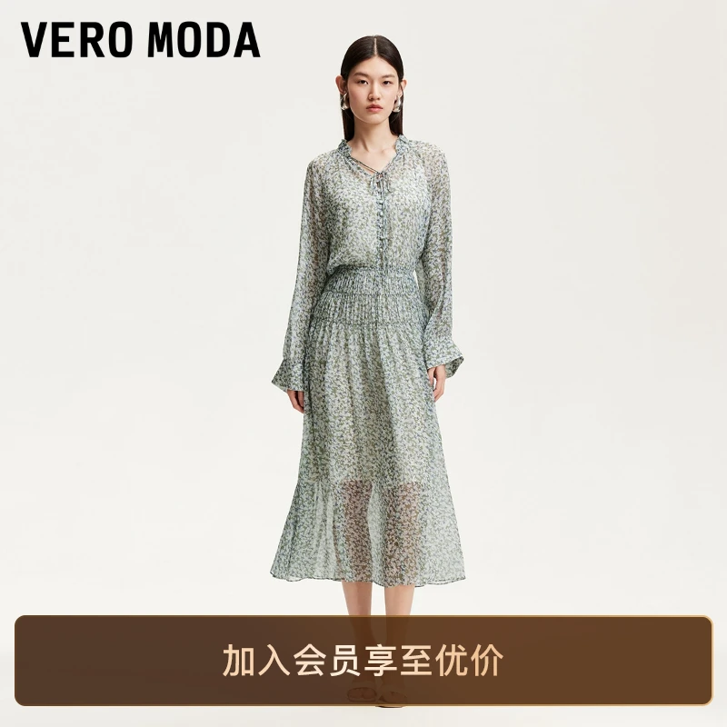Vero Moda连衣裙2025真两件碎花印花领口系带洋气显瘦气质收腰