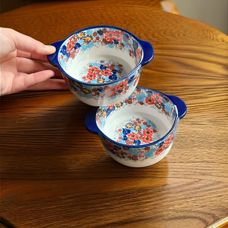 1高温釉下彩蔷薇小镇5.3英寸双耳甜品碗家用手绘米饭碗酸奶燕麦碗