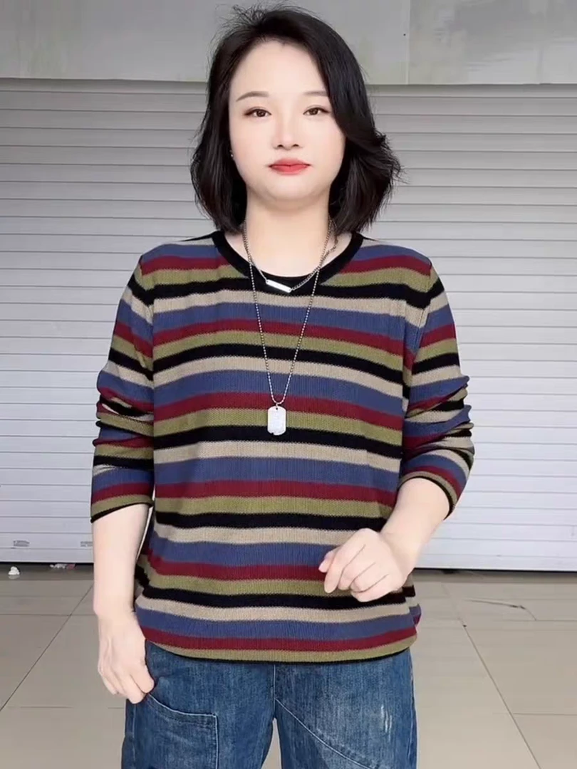 复古文艺女装秋季针织长袖女宽松显瘦毛针织衫打底衫圆领条纹百搭