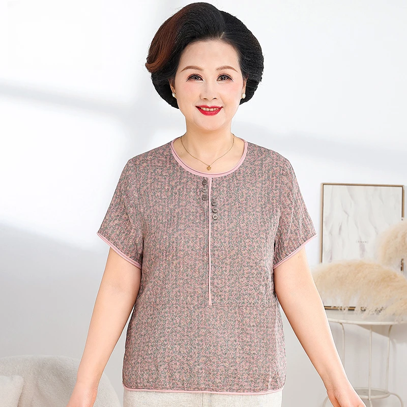 中老年女装妈妈装短袖夏装碎花圆领T恤宽松奶奶上衣棉麻老人衣服