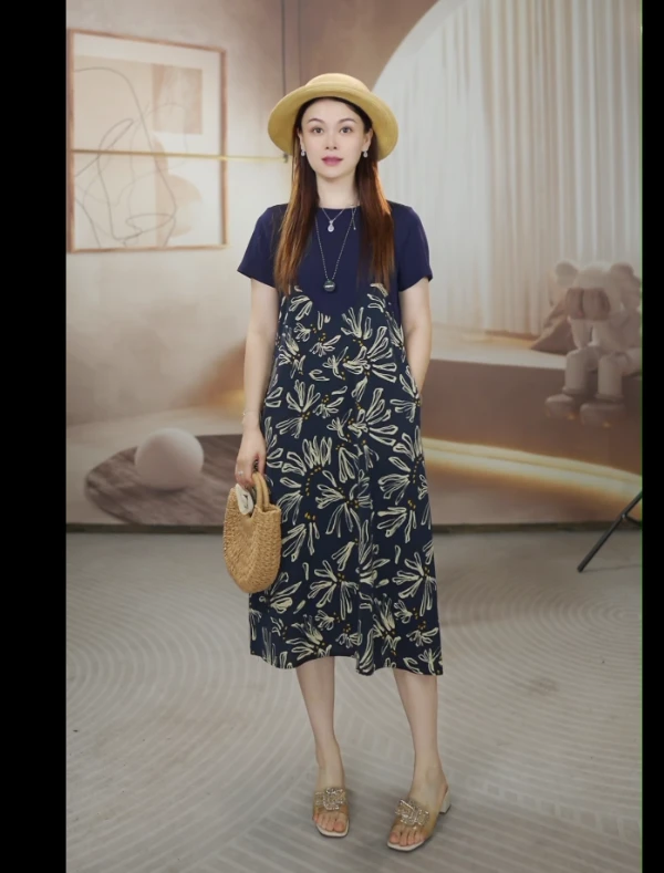 夏款透气极简风印花套头显瘦连衣裙时尚女装时尚穿搭