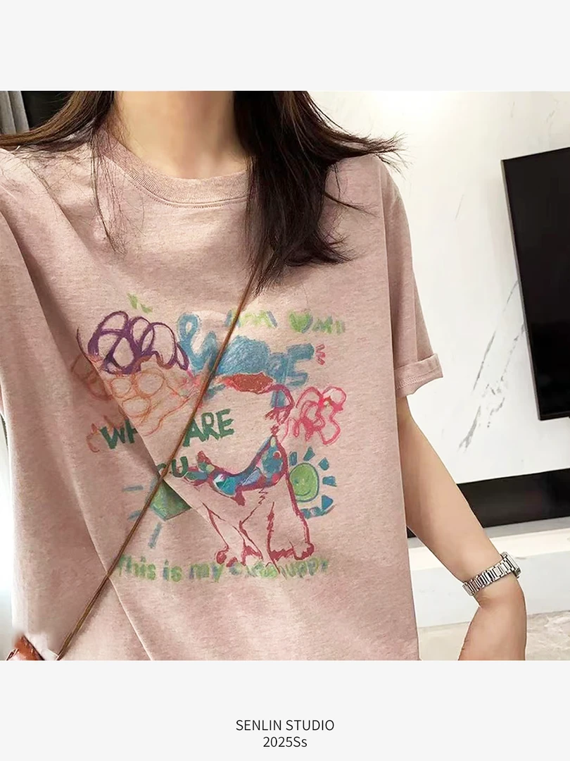 【手绘】冰冰凉轻薄款雪花棉减龄宽松T恤宽松潮流小众圆领设计D31