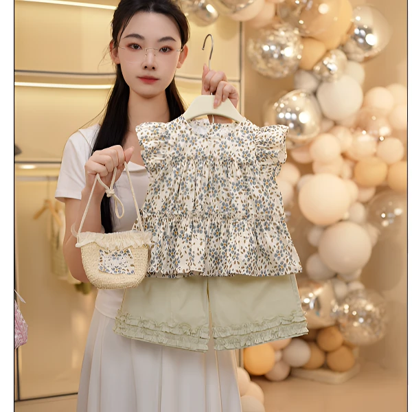 女童洋气碎花短袖九分裤套装夏季2025新款韩系儿童时髦两件套夏装